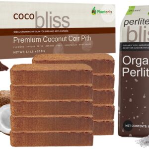 Coco Bliss 650gm Bricks (10-Pack) + Perlite Bliss (8 Qts) - Organic Coco Coir Bricks for Plants, Herbs, Potting Soil - High Expansion Coco Fiber with Low EC & pH Balance - Organic Perlite for Plants