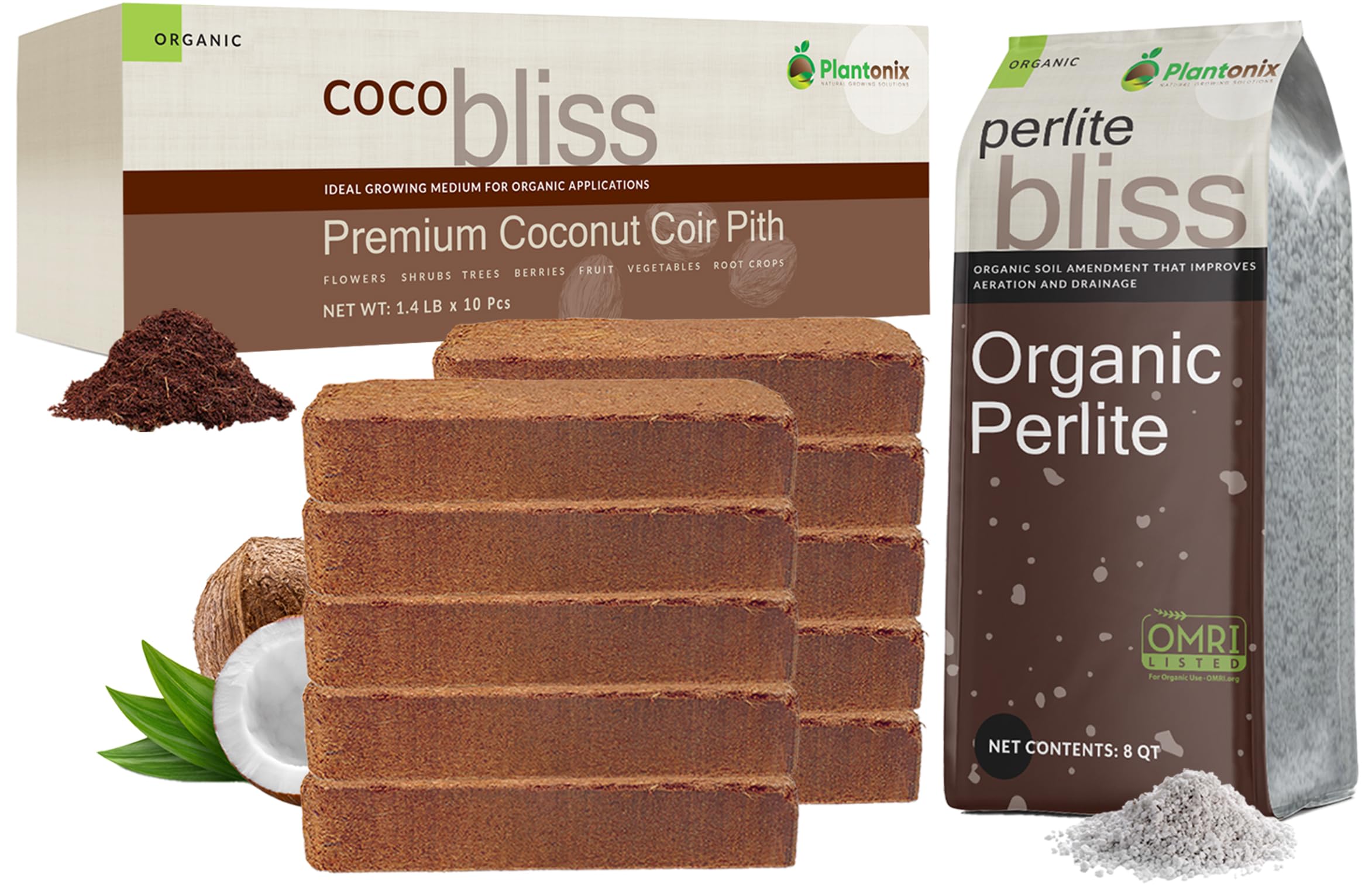 Coco Bliss 650gm Bricks (10-Pack) + Perlite Bliss (8 Qts) - Organic Coco Coir Bricks for Plants, Herbs, Potting Soil - High Expansion Coco Fiber with Low EC & pH Balance - Organic Perlite for Plants