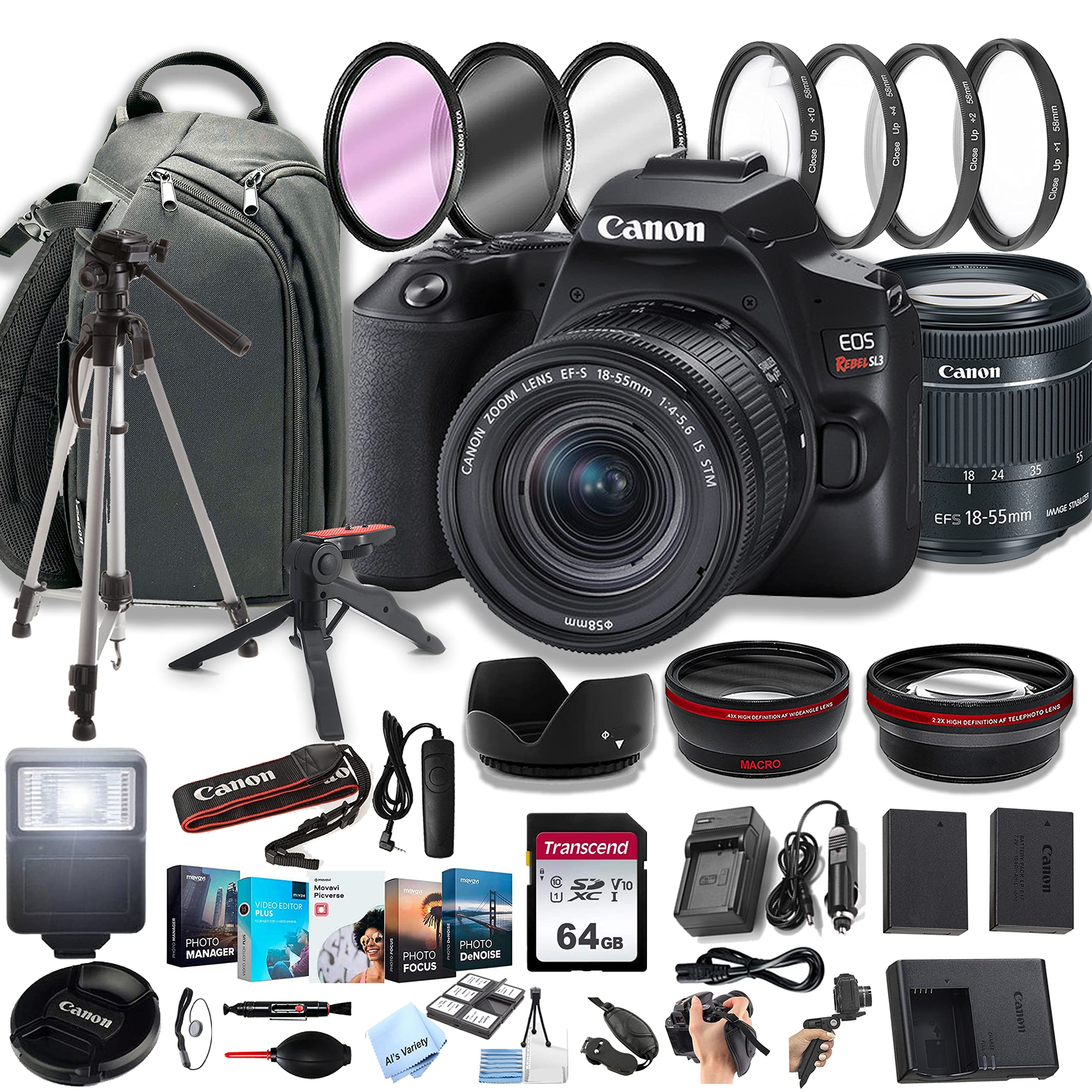 Canon EOS Rebel SL3 DSLR Camera w/EF-S 18-55mm F/4-5.6 STM Zoom Lens + 100S Sling Backpack + 64GB Memory Cards, Professional Photo Bundle (40pc Bundle)