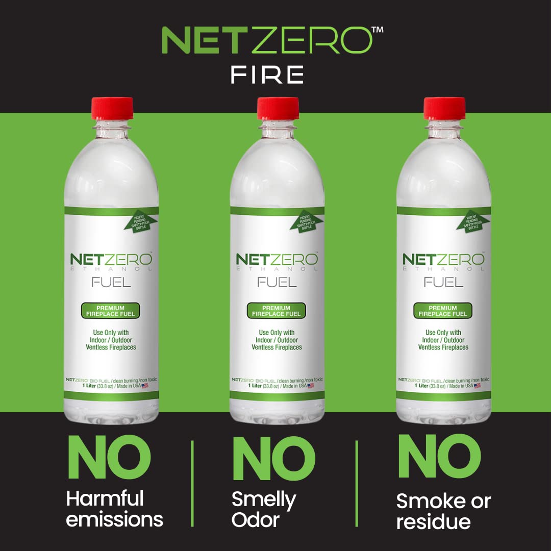 NETZERO Premium Bioethanol Fuel for Ventless Fireplaces, Fire Pit, Stoves and Burners Clean Burning, Sustainable Fuel, 1 Liter Bottle (Pack of 3)