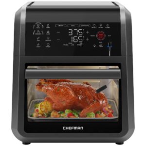 chefman exactemp™ 12 quart 5-in-1 air fryer with integrated smart cooking thermometer, 28 touchscreen presets, rotisserie, dehydrator, bake, xl convection oven with auto shutoff, black