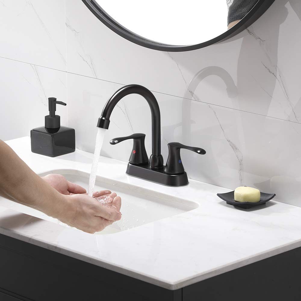 Comllen Black Bathroom Faucet, Modern Centerset 4 Inch 2 Handle 360°Swivel Spout Lead-Free Matte Black Bathroom Sink Faucet, 3 Hole Vanity Lavatory Faucet for Bathroom Sink