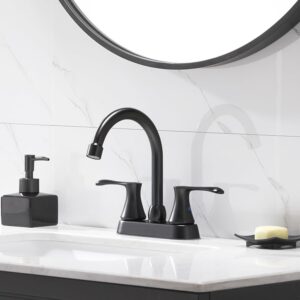 Comllen Black Bathroom Faucet, Modern Centerset 4 Inch 2 Handle 360°Swivel Spout Lead-Free Matte Black Bathroom Sink Faucet, 3 Hole Vanity Lavatory Faucet for Bathroom Sink