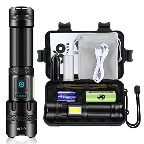 JAY-PARK Flashlights High Lumens Rechargeable, LED Flashlight Rechargeable Super Bright 250000 Lumen, Powerful Flashlight with COB Side Light for Camping, Power outages