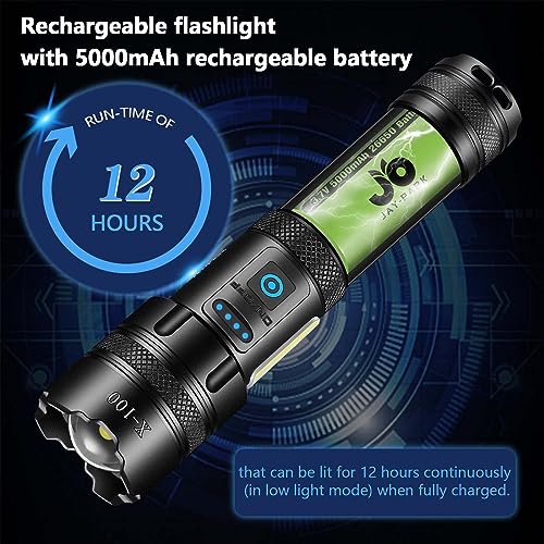 JAY-PARK Flashlights High Lumens Rechargeable, LED Flashlight Rechargeable Super Bright 250000 Lumen, Powerful Flashlight with COB Side Light for Camping, Power outages