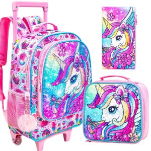zlyert 3pcs rolling backpack for girls, unicorn roller school bag with wheels for kids, wheeled bookbag with lunch box for children