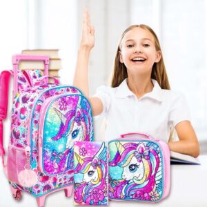 ZLYERT 3PCS Rolling Backpack for Girls, Unicorn Roller School Bag with Wheels for Kids, Wheeled Bookbag with Lunch Box for Children