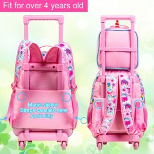 ZLYERT 3PCS Rolling Backpack for Girls, Unicorn Roller School Bag with Wheels for Kids, Wheeled Bookbag with Lunch Box for Children