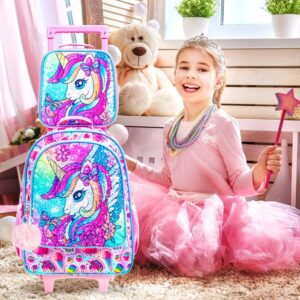 ZLYERT 3PCS Rolling Backpack for Girls, Unicorn Roller School Bag with Wheels for Kids, Wheeled Bookbag with Lunch Box for Children