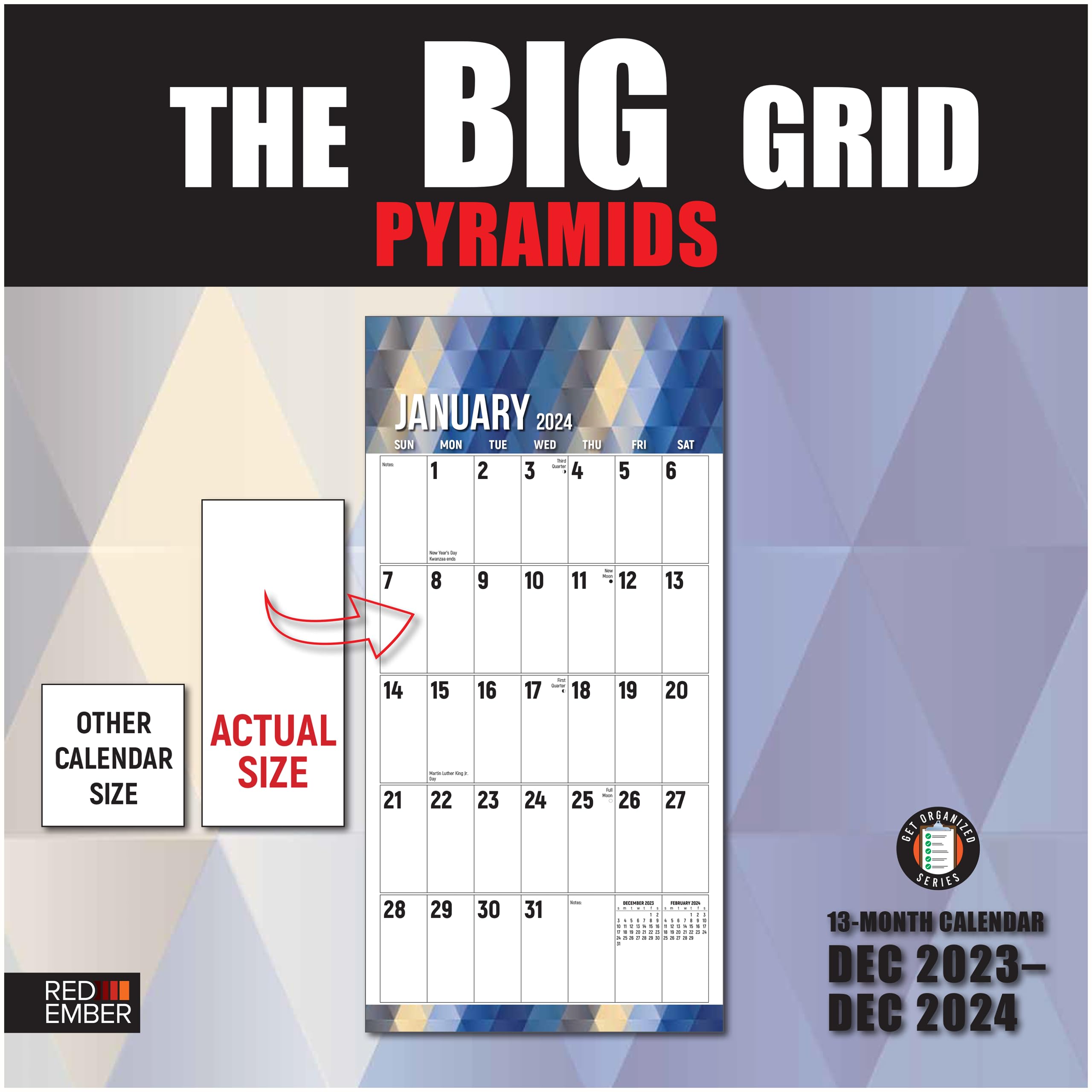 RED EMBER The Big Grid Jumbo Large Print - Pyramids 2024 Hangable Monthly Wall Calendar - 12" x 24" Open | Giftable | Easy to Read Planners for Office Extra Large | Massive Writing Space