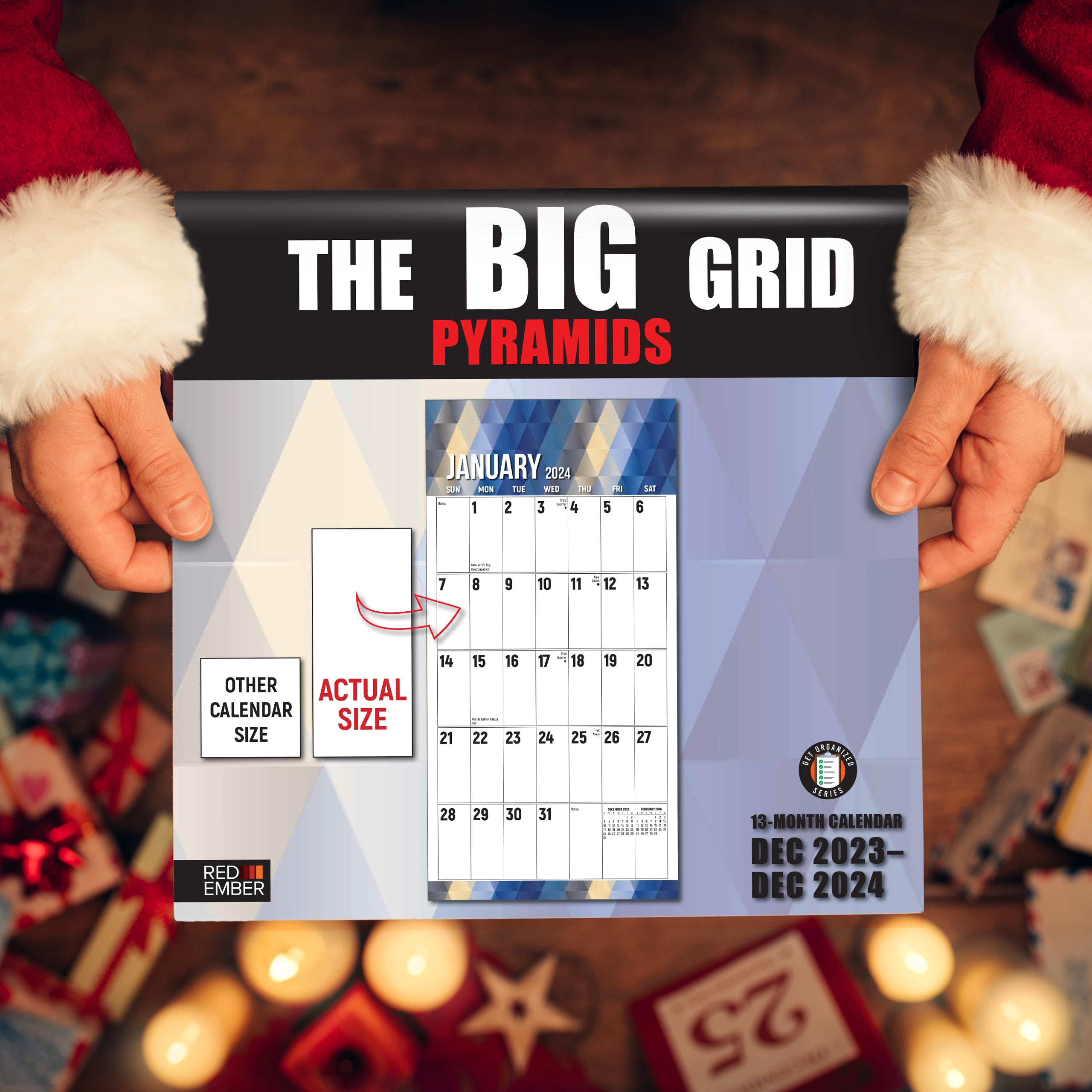 RED EMBER The Big Grid Jumbo Large Print - Pyramids 2024 Hangable Monthly Wall Calendar - 12" x 24" Open | Giftable | Easy to Read Planners for Office Extra Large | Massive Writing Space