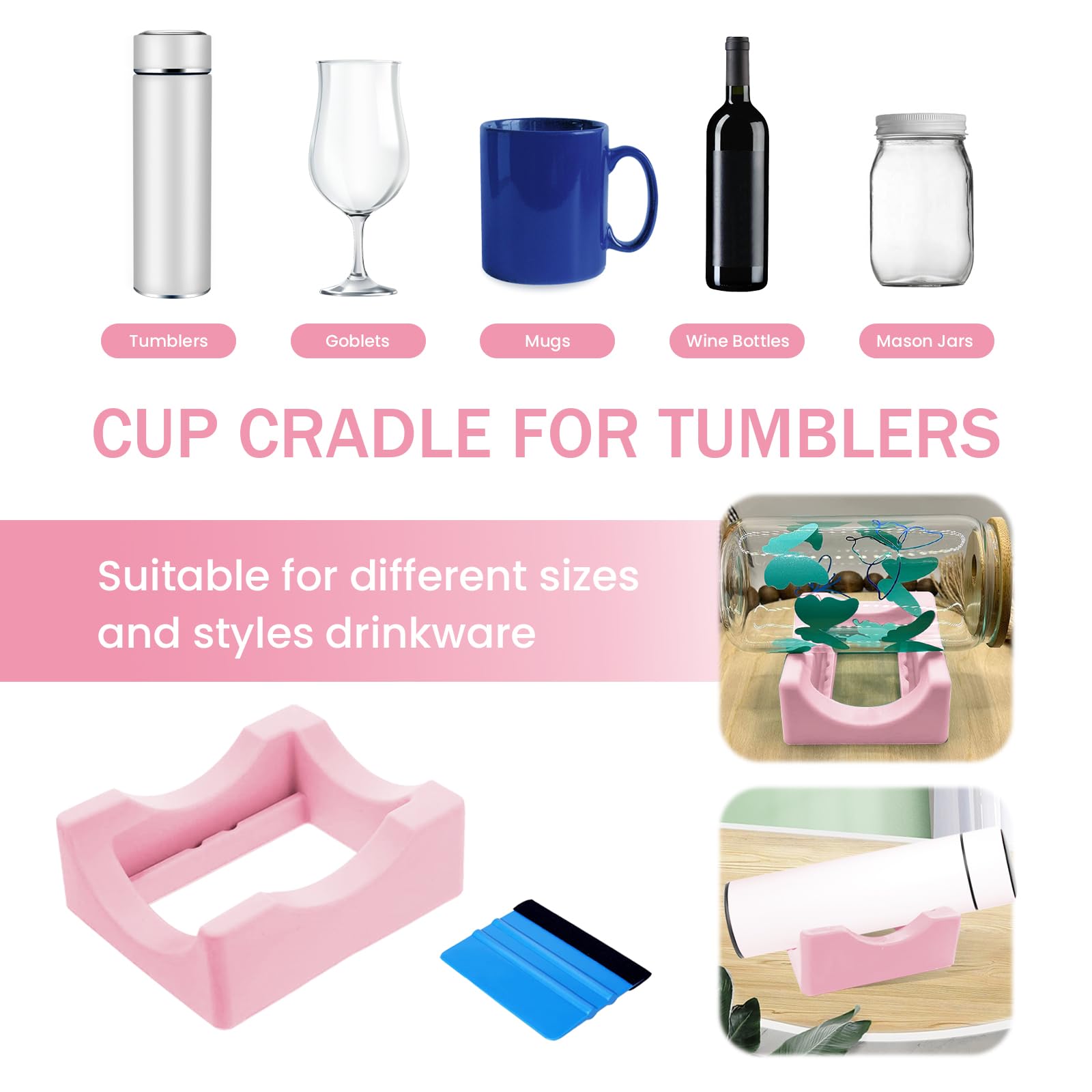 HealthSTEC Crafting Cup Cradle with Silicone Material and Felt Edge Squeegee Ideal for Applying Vinyl Decals on Tumblers Anti-Skid Design(Pink)