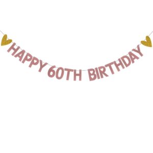 happy 60th birthday banner,pre-strung,rose gold paper glitter party decorations for 60 years old 60th birthday party supplies letters rose gold zhaofeihn