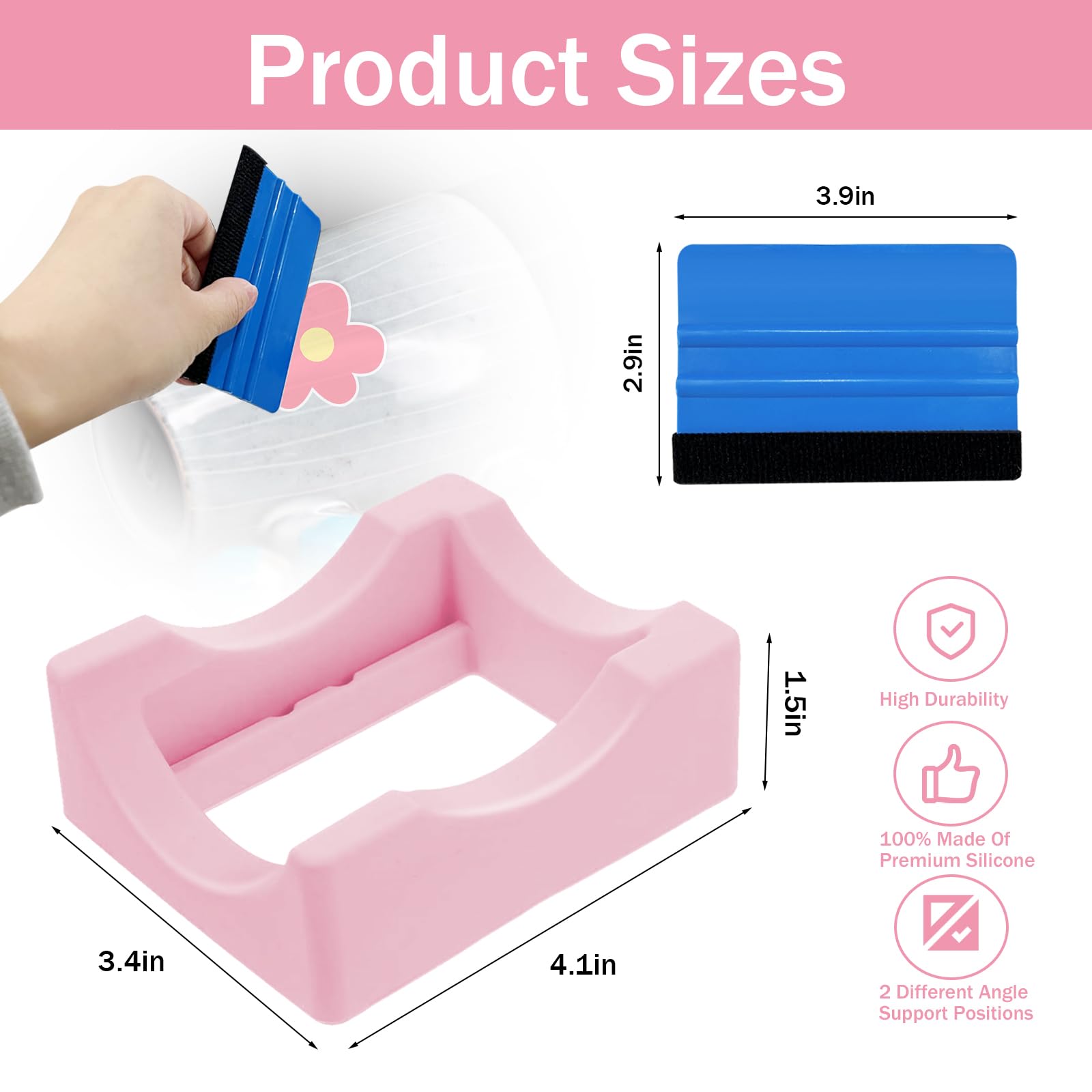 HealthSTEC Crafting Cup Cradle with Silicone Material and Felt Edge Squeegee Ideal for Applying Vinyl Decals on Tumblers Anti-Skid Design(Pink)