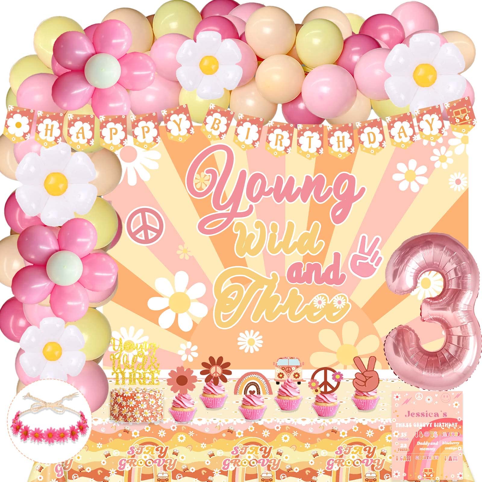 122 PCs Young Wild and Three Decorations Girl, Fiesec Groovy Boho Daisy Hippie 3rd Birthday Party Decorations Backdrop Balloon Garland Banner Tablecloth Cake Cupcake Topper Headband Poster Retro Pink