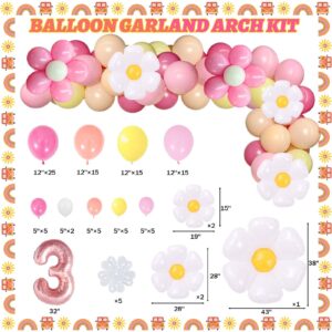 122 PCs Young Wild and Three Decorations Girl, Fiesec Groovy Boho Daisy Hippie 3rd Birthday Party Decorations Backdrop Balloon Garland Banner Tablecloth Cake Cupcake Topper Headband Poster Retro Pink