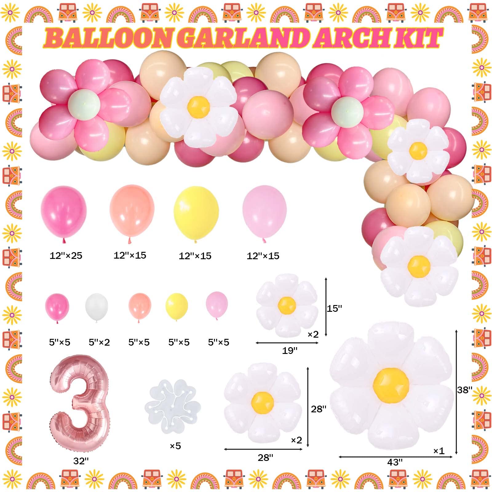 122 PCs Young Wild and Three Decorations Girl, Fiesec Groovy Boho Daisy Hippie 3rd Birthday Party Decorations Backdrop Balloon Garland Banner Tablecloth Cake Cupcake Topper Headband Poster Retro Pink