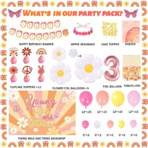 122 PCs Young Wild and Three Decorations Girl, Fiesec Groovy Boho Daisy Hippie 3rd Birthday Party Decorations Backdrop Balloon Garland Banner Tablecloth Cake Cupcake Topper Headband Poster Retro Pink