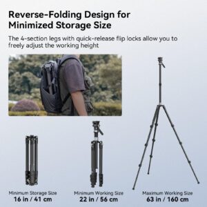 SmallRig 63" Video Travel Tripod, Carbon Fiber Tripod with Quick Release Fluid Head, Leveling Bowl Base and Center Column, 1.3kg Ultralight for Travel Photo & Video, Load up to 4kg / 8.82 lbs - 4221