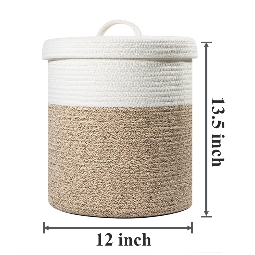 Yimi's Dream Lidded Storage Basket, Medium Cotton Rope Basket with Lid, Small Round Storage Basket for Nursery, Living Room, Kids, Blanket, Toys (12''D * 13.5''H, Brown & White)