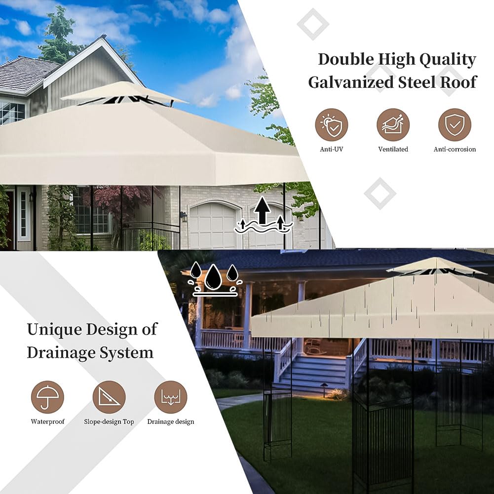 Timoau Gazebo Canopy Replacement Top 10'x10' - Single Tier Patio Canopy Cover - Square Replacement Canopy Gazebo Top - Waterproof 300D Canvas Gazebo for Patio Garden Outdoor (Two Tier, Coffee)