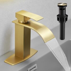 hoimpro brushed gold waterfall spout single hole bathroom faucet, stainless steel single lever bathroom vanity sink faucet with drain, cupc hose and deck plate