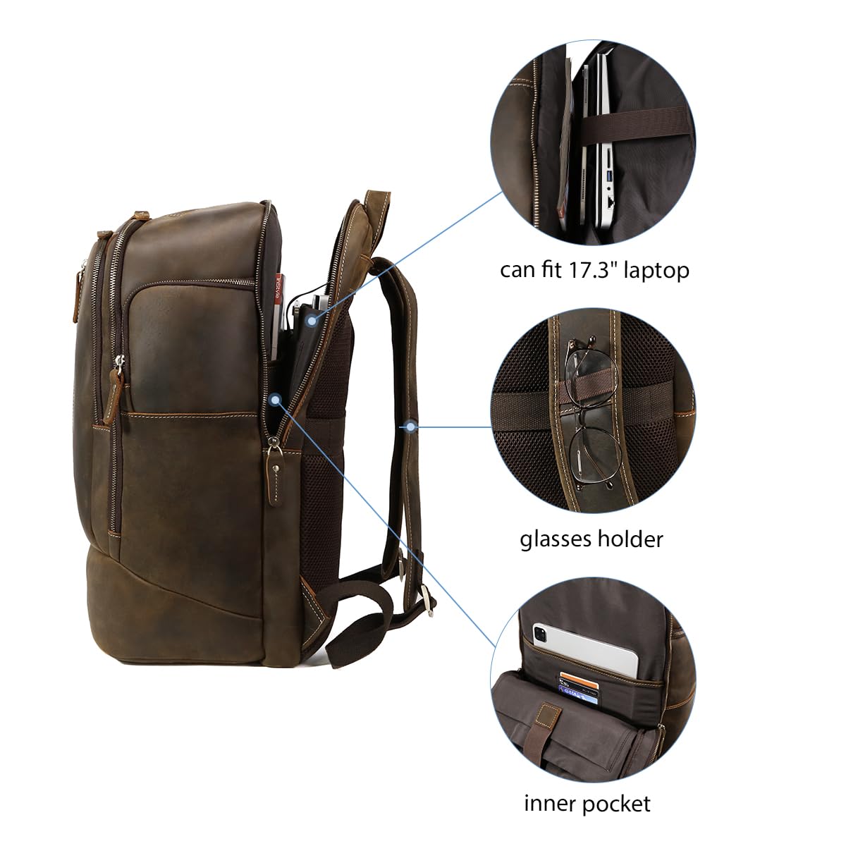 Hespary Full Grain Leather 17.3 Inch Laptop Travel Backpack Hiking Backpack Rucksack Casual Daypack Bag