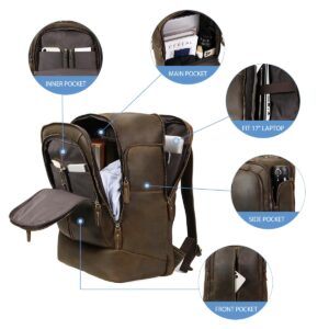 Hespary Full Grain Leather 17.3 Inch Laptop Travel Backpack Hiking Backpack Rucksack Casual Daypack Bag