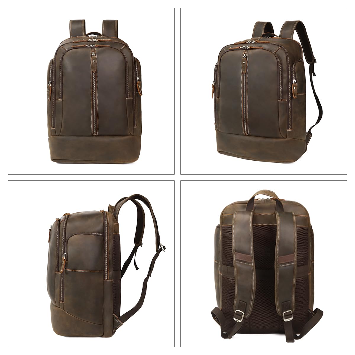 Hespary Full Grain Leather 17.3 Inch Laptop Travel Backpack Hiking Backpack Rucksack Casual Daypack Bag