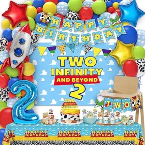 miucat two infinity and beyond birthday decorations include happy birthday banner balloons backdrop film balloon cake topper tablecloth, 105 pcs toy inspired story 2nd birthday party supplies