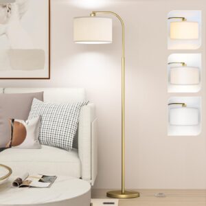 cnxin arc floor lamps for living room with 3 color temperatures, modern floor lamp reading light with 9w bulb included, standing lamp with adjustable white hanging ‎lampshade for bedroom office(gold)
