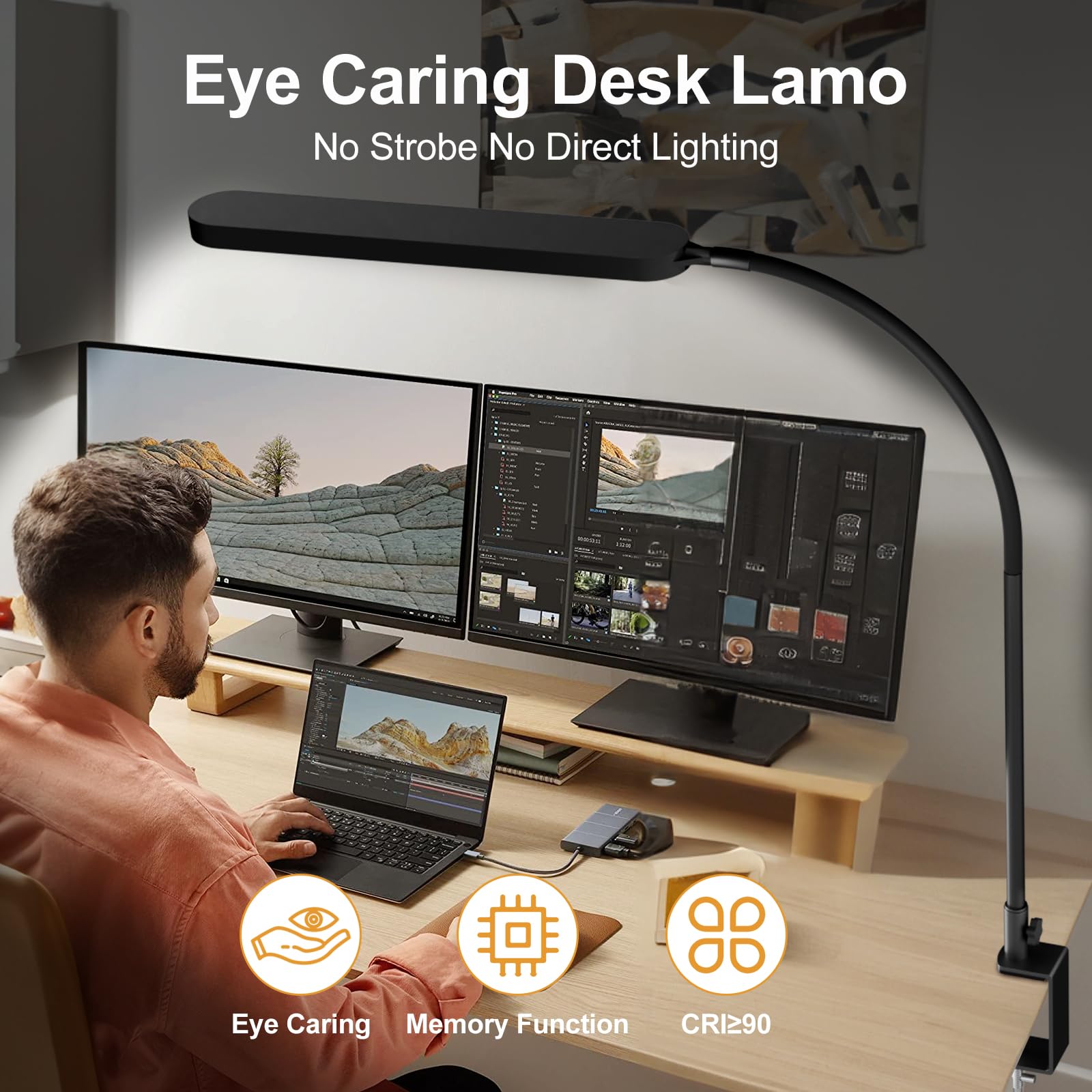 SKYLEO Desk Lamp for Office Home- 34" LED Desk Light - Touch Control - 5 Color Modes X 11 Brightness Levels - 1300ML(112 Pcs Lamp Beads) - Timmer & Memory Function - 12W Clip On Light - Black