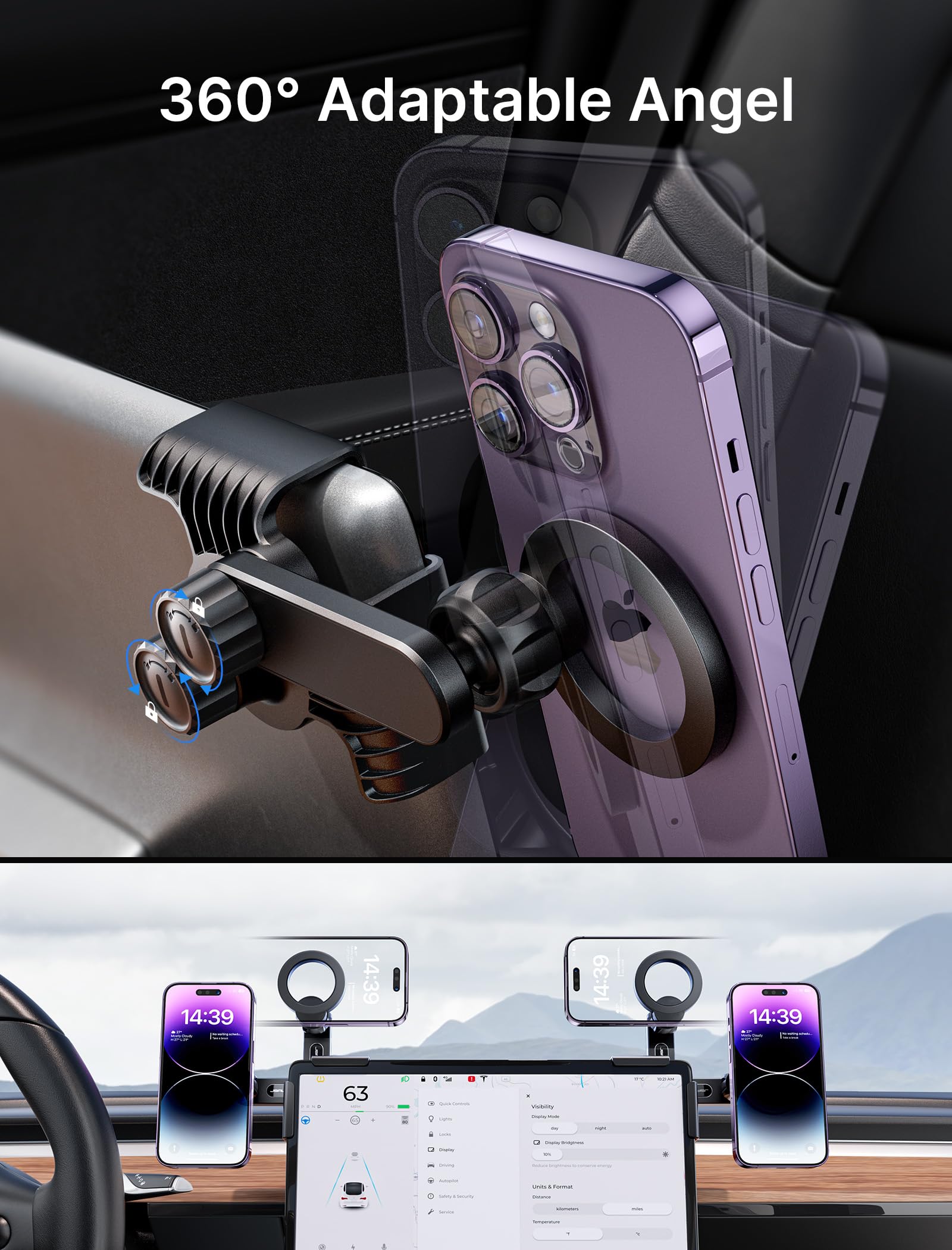 JSAUX Tesla Phone Mount, Mag-Safe Phone Holder Phone Stand 【Sturdy Base Designed】 Easy to Install, Only Compatible with Tesla New Model 3 2023/Y/S/X, iPhone 15/14/13/12 Series and Other Phone