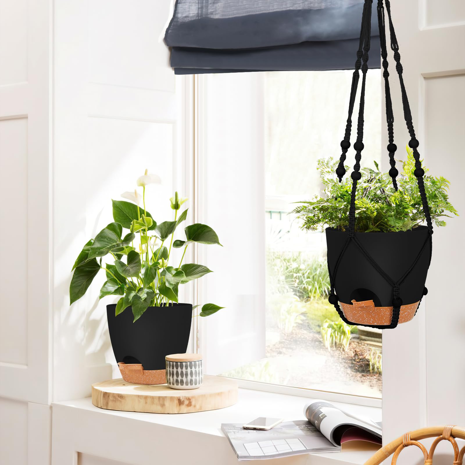 GARDIFE 8 Inch Hanging Planters with Macrame Plant Hanger for Indoor and Outdoor Plants, 2 Pack Large Self Watering Hanging Plant Pot with Basket Flower Pot with Drainage Hole, Black