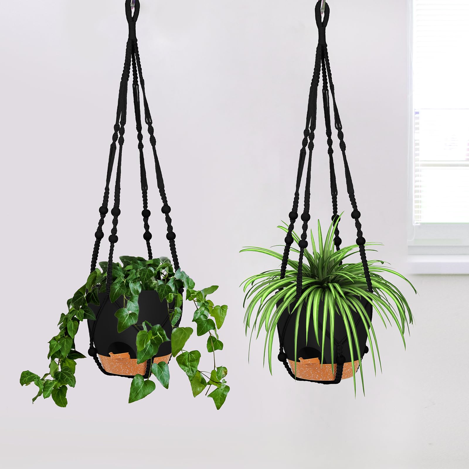 GARDIFE 8 Inch Hanging Planters with Macrame Plant Hanger for Indoor and Outdoor Plants, 2 Pack Large Self Watering Hanging Plant Pot with Basket Flower Pot with Drainage Hole, Black