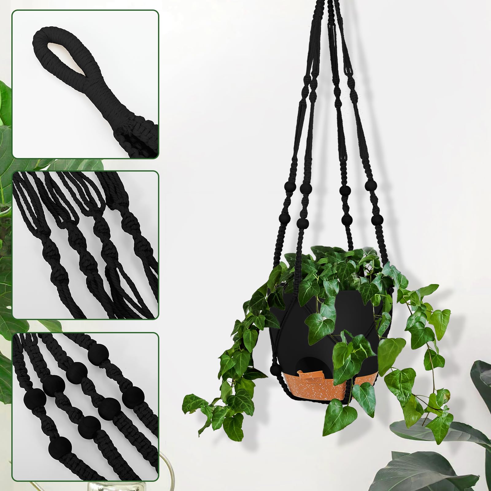 GARDIFE 8 Inch Hanging Planters with Macrame Plant Hanger for Indoor and Outdoor Plants, 2 Pack Large Self Watering Hanging Plant Pot with Basket Flower Pot with Drainage Hole, Black
