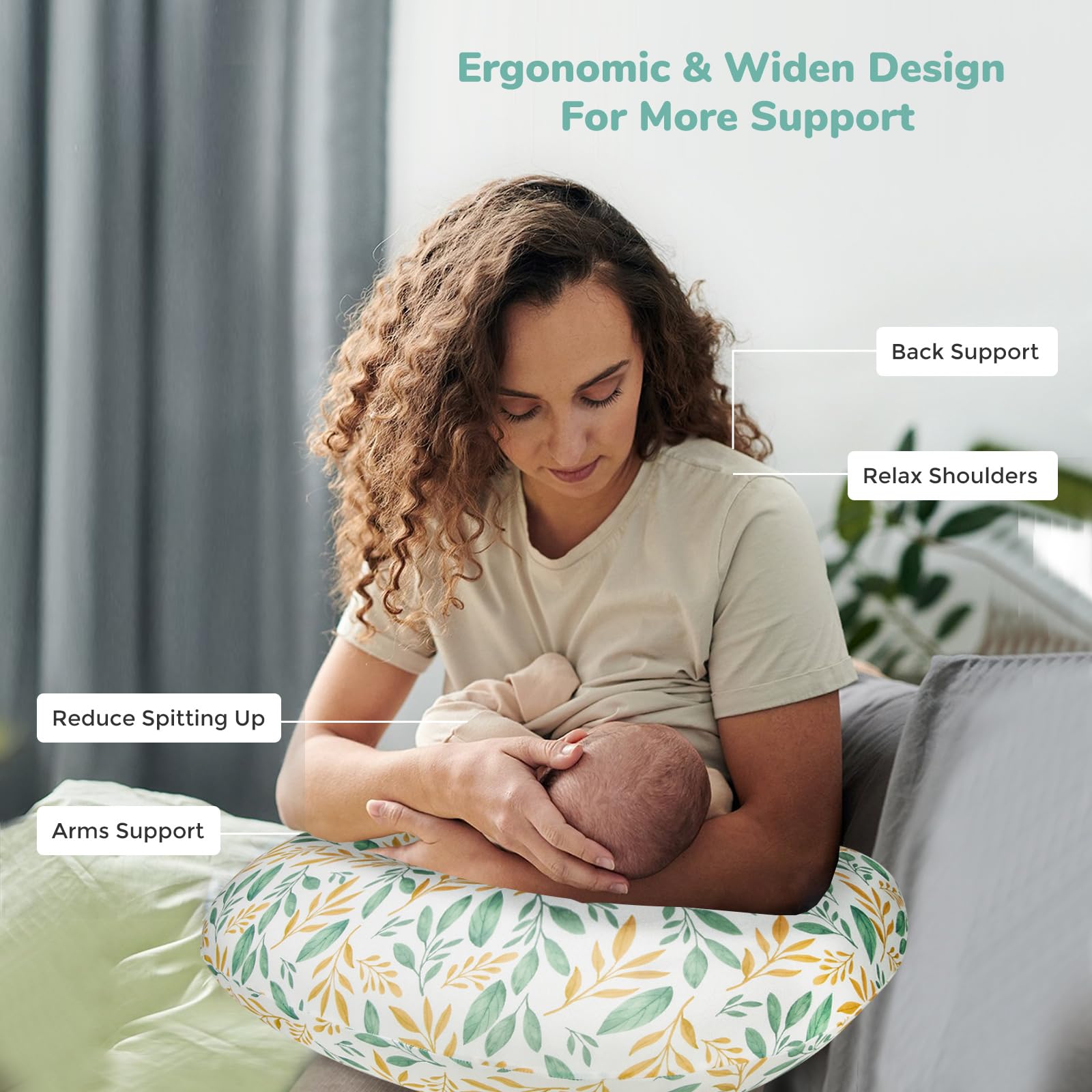 Pripher Nursing Pillow for Breastfeeding, Inflatable Travel Breastfeeding Pillows for Mom, Portable Baby Feeding Pillows with Adjustable Waist Strap & Removable Cover, Green Garden