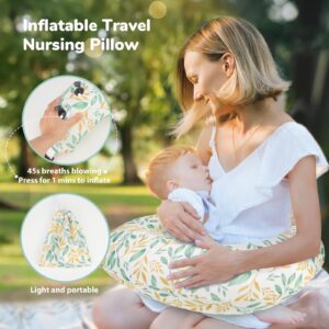 Pripher Nursing Pillow for Breastfeeding, Inflatable Travel Breastfeeding Pillows for Mom, Portable Baby Feeding Pillows with Adjustable Waist Strap & Removable Cover, Green Garden