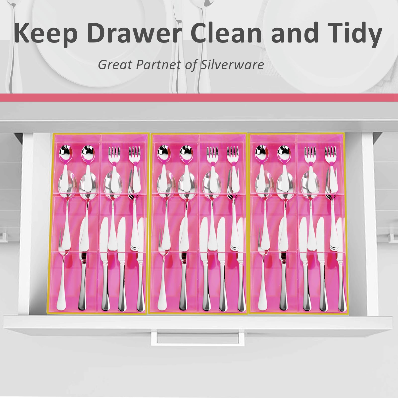 Gelite Acrylic Silverware Drawer Organizer Kitchen Cutlery Tray Caddy Flatware Organizer for Drawer, Easy Dismount and Wash, Neon Pink