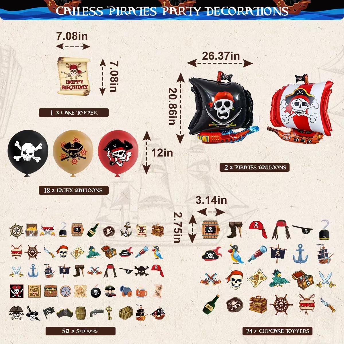 CAILESS Birthday Party Decorations - Pirates Birthday Party Decorations 103Pcs, Included Pirates Theme Banner Cake Toppers 12'' Latex Balloons Swirls Decor Pirates Foil Balloons for Pirates Party