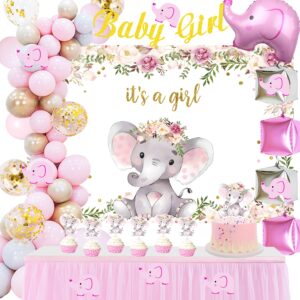 baby shower party supplies decorations for girl - baby girl banner, latex balloons, square balloons, elephant foil balloon, pink elephant cut-outs, toppers, and backdrop for baby shower birthday party