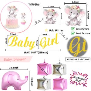 Baby Shower Party Supplies Decorations for Girl - Baby Girl Banner, Latex Balloons, Square Balloons, Elephant Foil Balloon, Pink Elephant Cut-Outs, Toppers, and Backdrop for Baby Shower Birthday Party