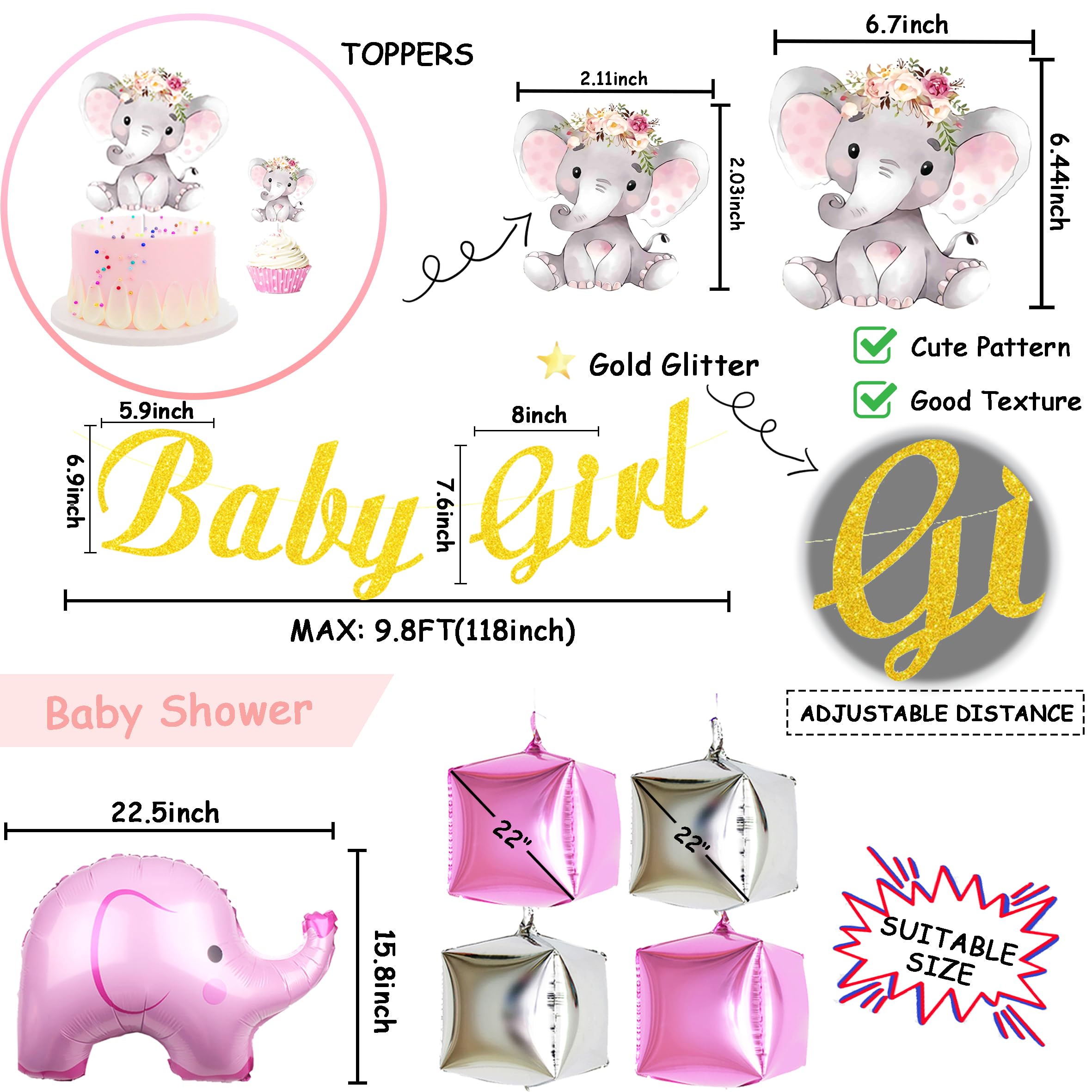 Baby Shower Party Supplies Decorations for Girl - Baby Girl Banner, Latex Balloons, Square Balloons, Elephant Foil Balloon, Pink Elephant Cut-Outs, Toppers, and Backdrop for Baby Shower Birthday Party