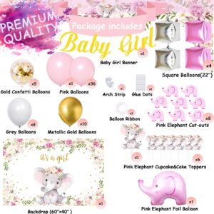 Baby Shower Party Supplies Decorations for Girl - Baby Girl Banner, Latex Balloons, Square Balloons, Elephant Foil Balloon, Pink Elephant Cut-Outs, Toppers, and Backdrop for Baby Shower Birthday Party