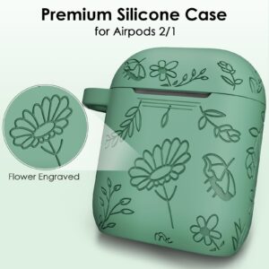 Filoto Airpods Case, Silicone Flower Engraved Protective Case Cover Apple Airpod 2/1 Skin Cover with Keychain for Women Girls, Cactus Green Flower