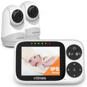 vtimes baby monitor with 2 cameras, 3.2" ips screen, 2-way talk, baby monitor no wifi night vision, pan-tilt-zoom vox mode temperature monitor 8 lullabies and 1000ft range for baby pet elderly