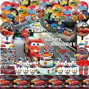 super movie birthday party supplies including tableware, backdrop, cake insert, cupcake insert, stickers, hanging swirls, balloons car party decorations