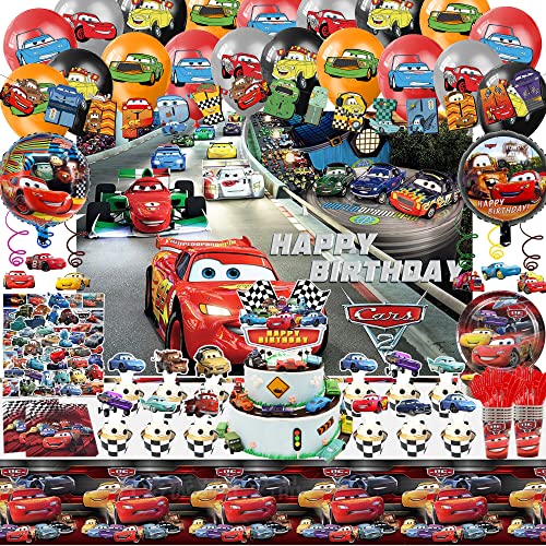 Super Movie Birthday Party Supplies Including Tableware, Backdrop, Cake Insert, Cupcake Insert, Stickers, Hanging Swirls, Balloons Car Party Decorations