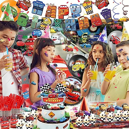 Super Movie Birthday Party Supplies Including Tableware, Backdrop, Cake Insert, Cupcake Insert, Stickers, Hanging Swirls, Balloons Car Party Decorations