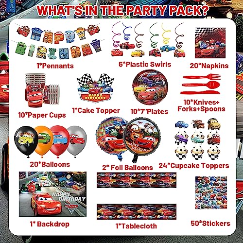 Super Movie Birthday Party Supplies Including Tableware, Backdrop, Cake Insert, Cupcake Insert, Stickers, Hanging Swirls, Balloons Car Party Decorations